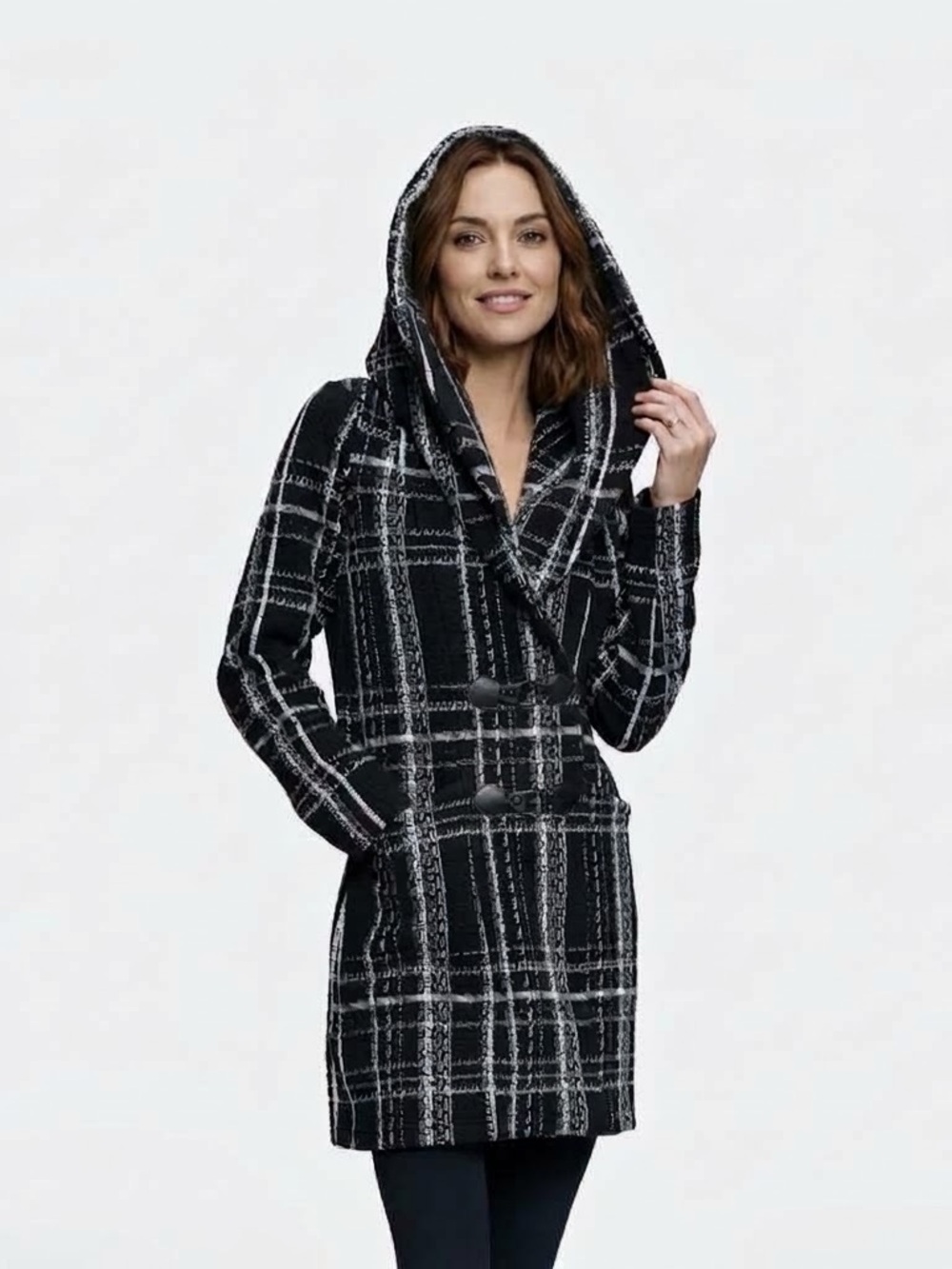 Tonia Debellis Coat Cotton-rich Jacquard Hooded Black & White Size M